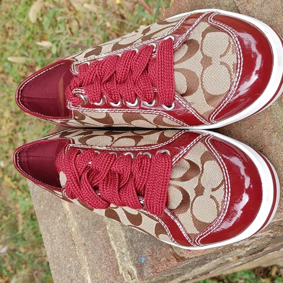 Coach Brodi Signature Tan Canvas and Burgandy Patent Sneakers Size 8 (2103) - Picture 2 of 9